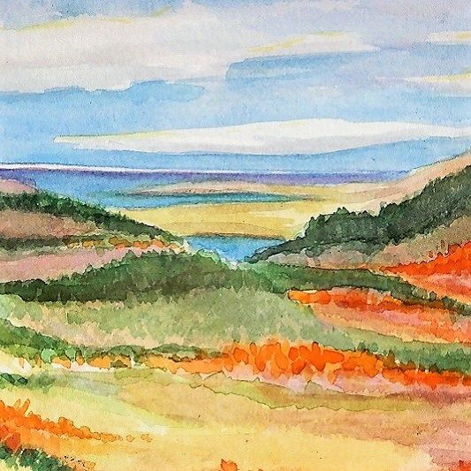 Scenic California Grass near Ocean Watercolor Art 6x6
