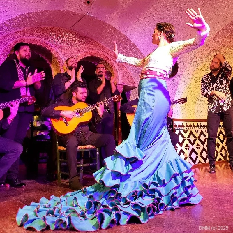 Dynamic Spanish dancer and band dancing in Barcelona Spain's nightclub photo